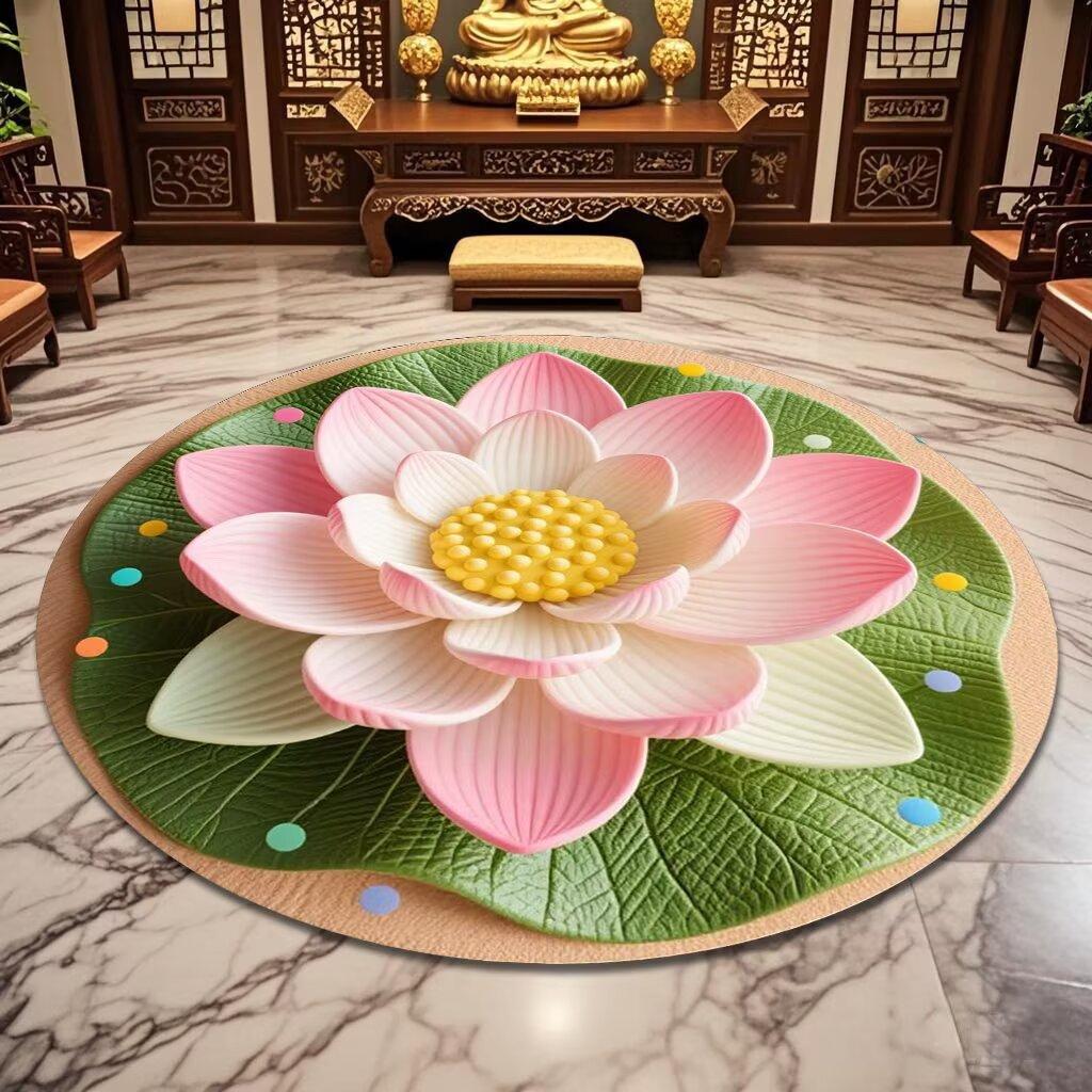 

Modern Lotus Pattern Round Carpet Lint-free Decoration Home Living Room Rug Antiskid Soft Room Decor Chair Mat Easy Cleaning 80x80cm