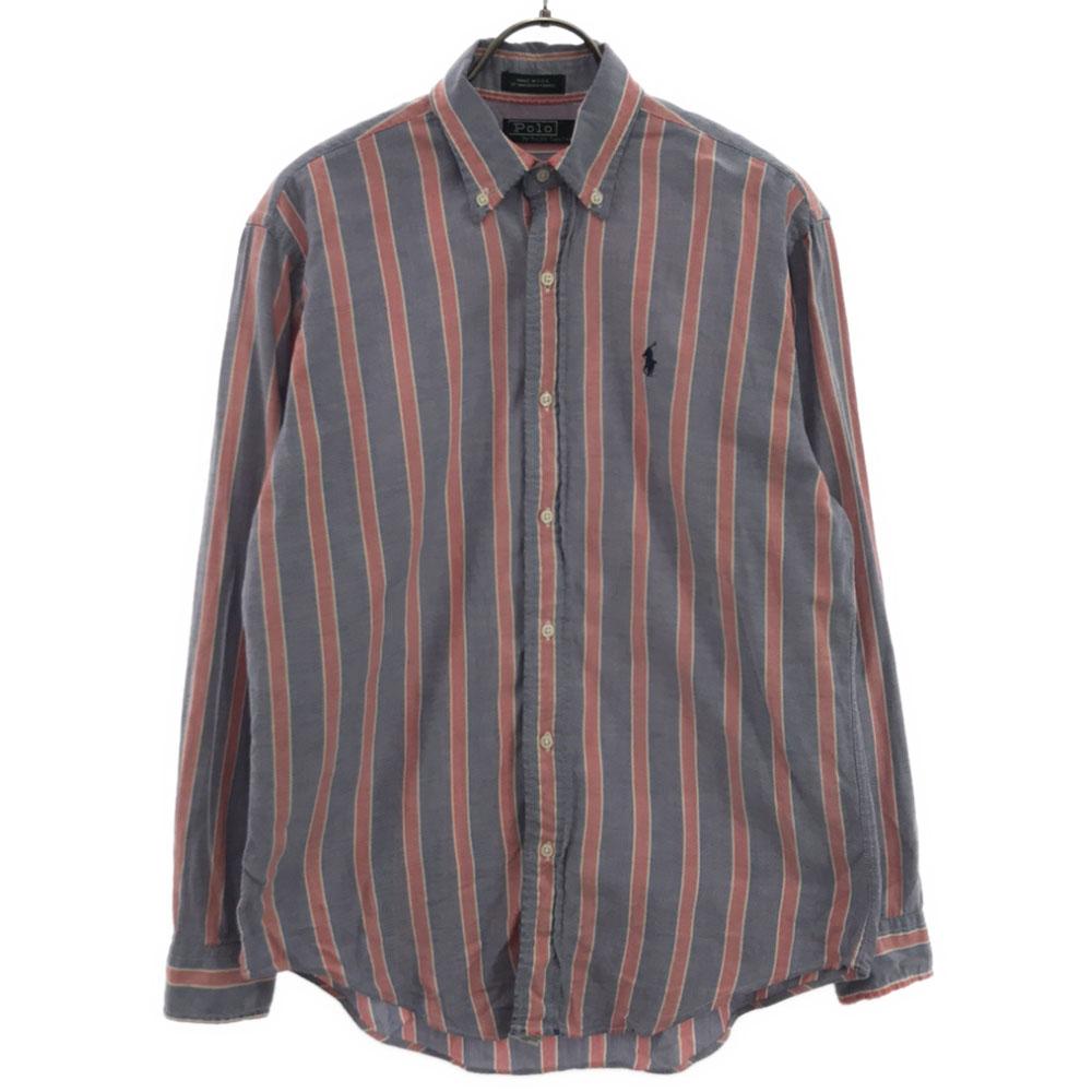 Polo by Ralph Lauren 80s Vintage Boys' Green Tag Shirt, Made In USA Stripe Logo Embroidery Long Sleeve Button Down Shirt Men's Used