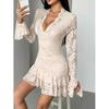 Damen Y2k Mini Kleid mit floraler Spitze Sexy tiefer V-Ausschnitt Langarm Rüschensaum Lagenlook Mini Kleid