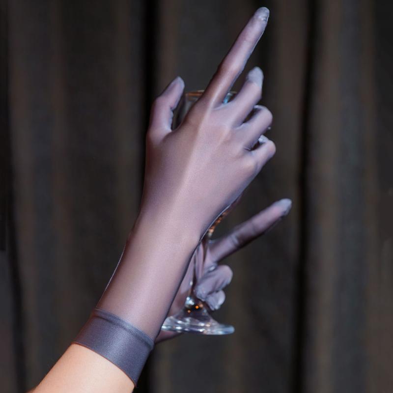 Women Smooth Oil Short Gloves Sheer See Through Elastic Dancing Driving Solid Mittens Y2K Fantasy Fashion Gloves