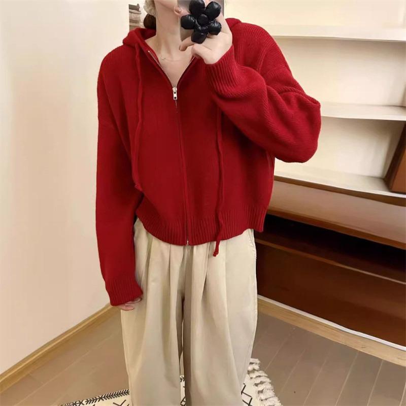Solid color double zipper hooded knitted cardigan women's autumn and winter new loose casual simple sweater jacket