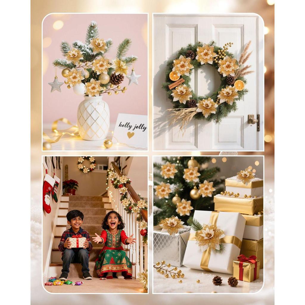 12Pcs Gold Christmas Poinsettias Flowers Decoration Artificial Flowers for Xmas Tree Ornaments Suitable for Home Christmas Decorations