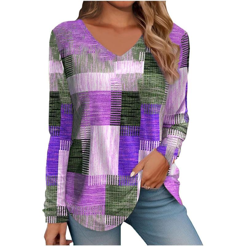 Women's V-neck Long Sleeve T-shirt with Print V-neck Top
