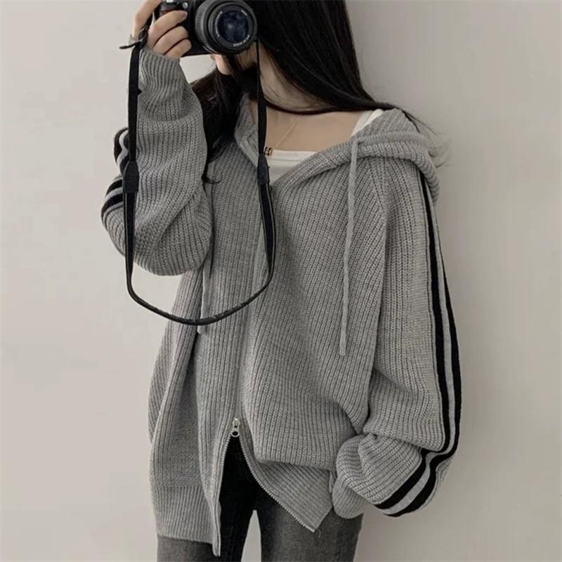 Korean Zipper Stripe Knitted Cardigan Women's Autumn Winter Oversized Y2k Outer Wear Lazy Wind Lapel Hooded Sweater Jacket Coats