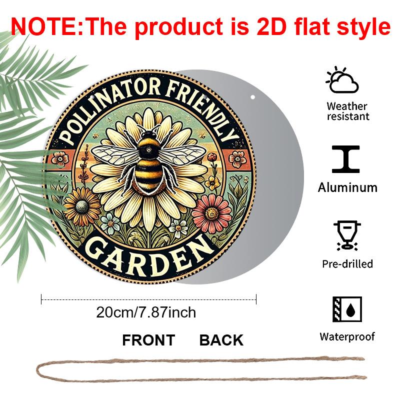 2D Flat, 1pc Vintage Bee & Floral Metal Wall Art Sign - Rustic Pollinator Garden Round Aluminum Plaque, Perfect for Garden, Yard, Patio, Porch