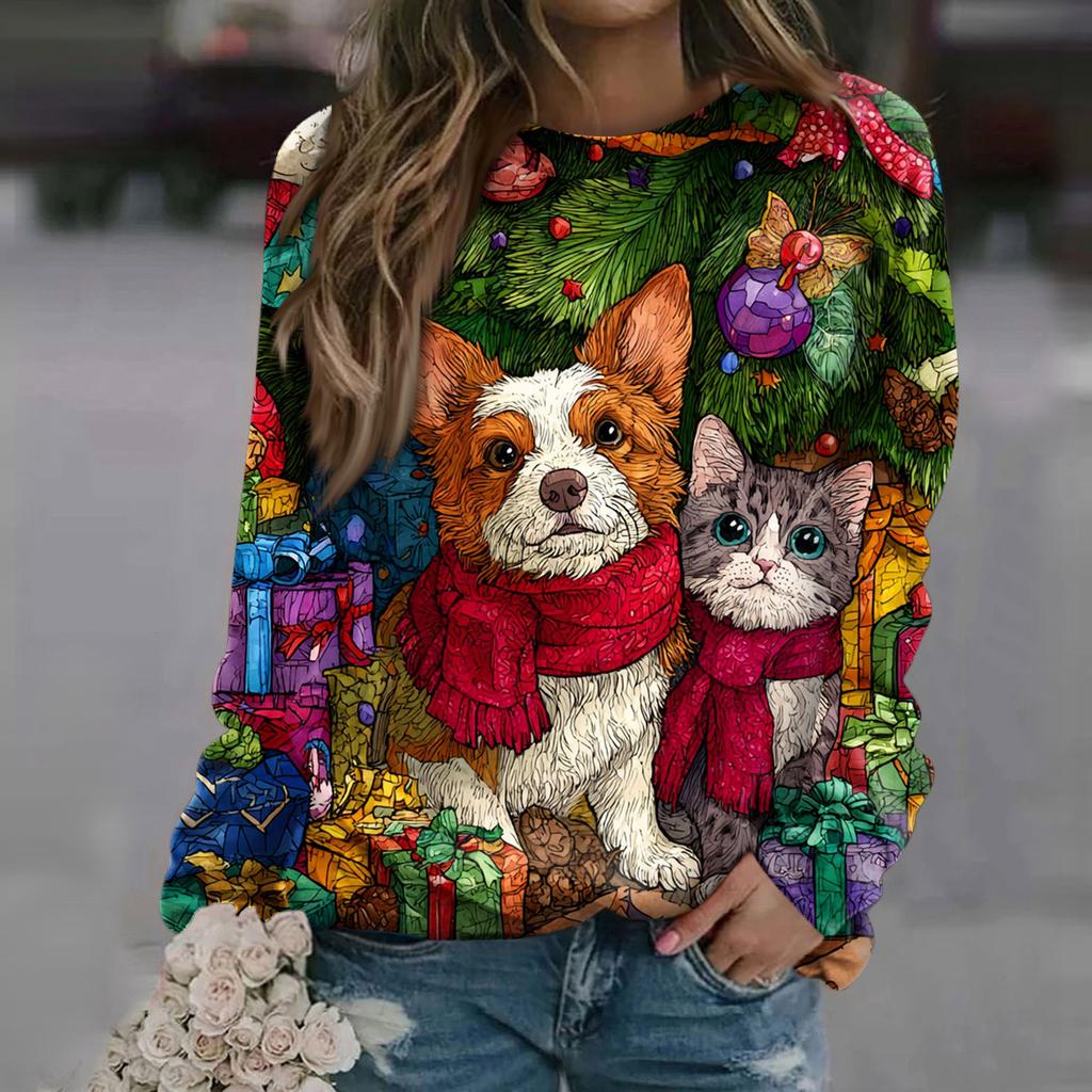 Women's Fashion Casual Long Sleeve Christmas Printed Neck Sweatshirt Top