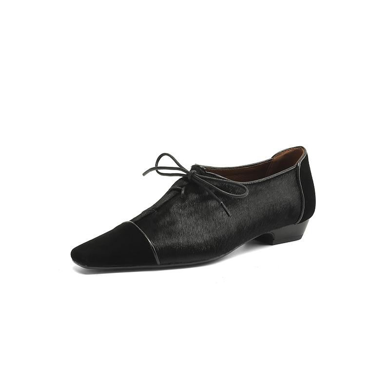 

Мода 2025 Женские туфли на низком каблуке на шнуровке Женские качественные туфли Мэри Джейн из конского волоса с квадратным носком Лоферы Модная весенняя повседневная обувь Женские балетки 34 чёрный