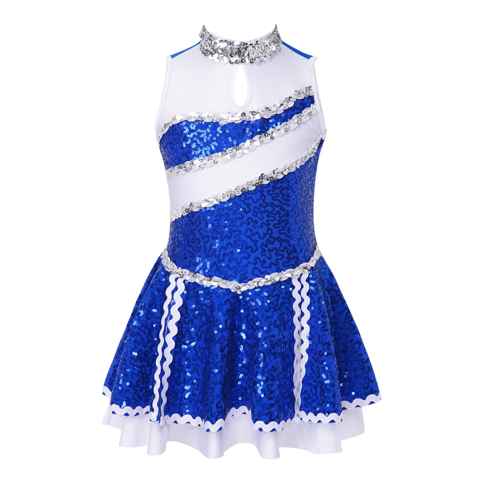 

Girls Cheerleading Dress Sleeveless Round Collar Shiny Sequins Patchwork Design with Hidden Back Zipper Dance Costume 5-6 Years королівський синій колір