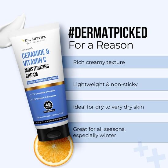 Dr. Sheth's Ceramide & Vitamin C Moisturizing Cream |For Dry To Very Dry Skin |Strengthens Skin Barrier | 48hr Deep Hydration| Unisex|100g