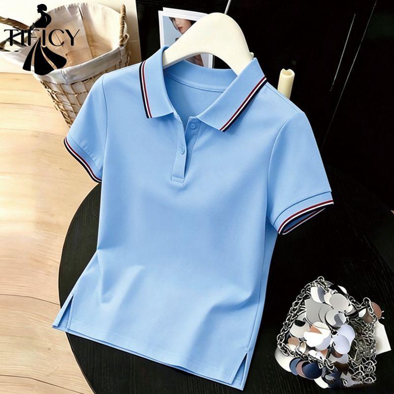 TIFICY Women's Fashion Casual Summer Spring Stripe Print Short Sleeve POLO Neck Blouses & Shirts