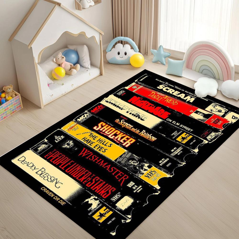 Retro Horror Movie Rug Vintage Tape Cover Pattern Nostalgic 90s Home Decor Carpet Soft Non-Slip Floor Mat for Living Room