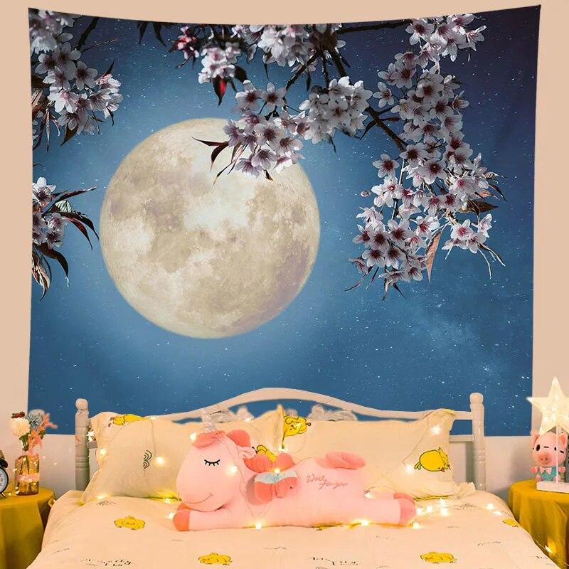 Tapestry Flower Moon Night Home Aesthetics Living Room Wall Decoration Hanging Background Cloth