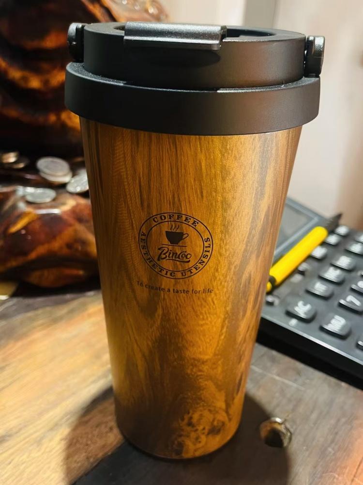 Retro Wooden Pattern Thermal Coffee Mug with Lid and Handle for Camping Office & Travel Stainless Steel Insulated Coffee Mug 500ml