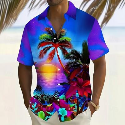 Camisa Tropical Hawaiana para Hombre con Palmeras, Manga Corta, Solapa, Estampado 3D, Botones, Camisa de Vacaciones