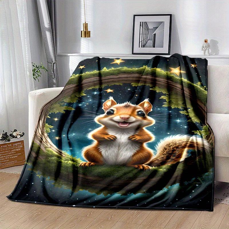 1pc Squirrel Printing Lightweight Flannel Blanket, Comfortable and Warm Blanket, for Camping Sofa Bed and Couch Office, in All Seasons