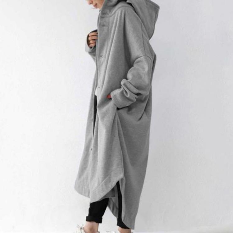 Winter Women Long Sleeve Trench Coat Ankle Length Hooded Single Breasted Thick Pockets Solid Color Irregular Hem Casual Outdoor Jacket