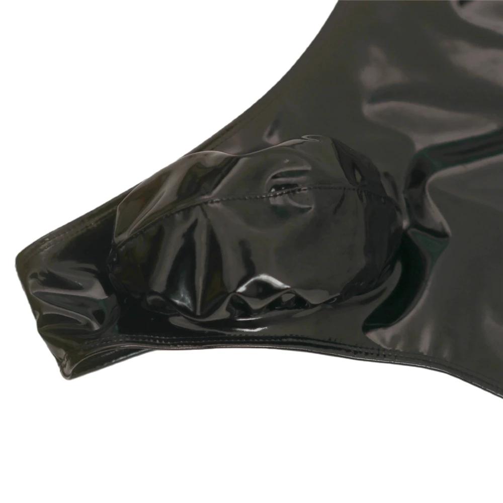 Sexy Men Pu Zipper Open Bust High Cut Bodysuit Tops U Bulge Pouch Sexy Tights Fashion Latex Maid Leotard Stage Dance Wear