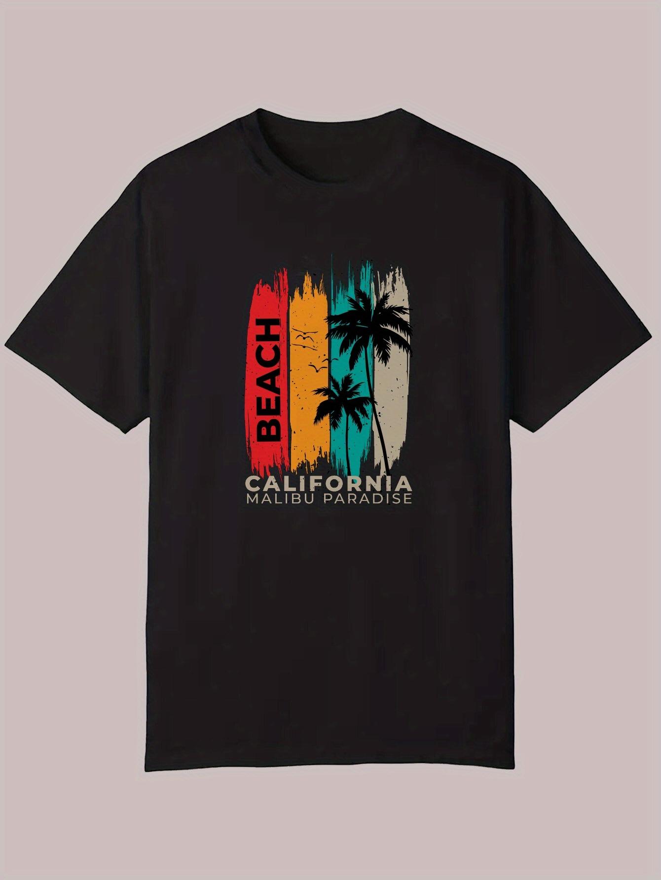 Summer Casual Short Sleeve T-shirt - Beach California Graphic Print with Palm Trees & Sunset Stripes L
