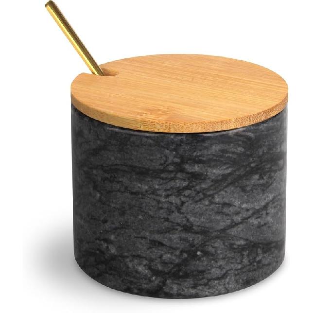 Marble Salt Cellar Box with Bamboo Lid & Metal Spoon, Modern Stone Salt or Pepper Sugar Spice Seasoning Bowl Container Jar Holder Well Keeper Dish