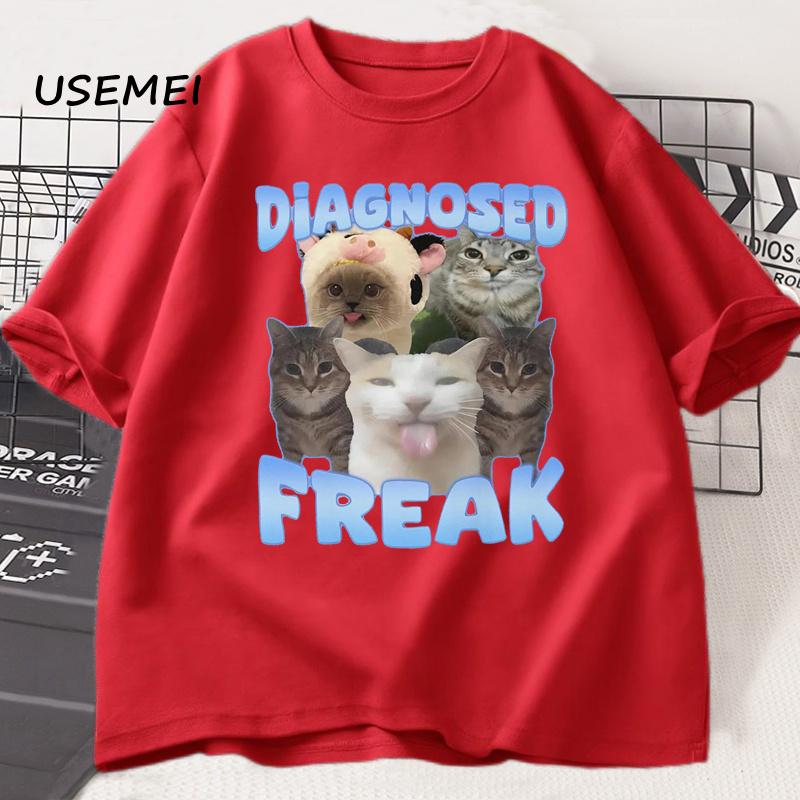 Diagnosed Freak Funny Cat Meme T-shirt Men Women Silly Cat Memes T Shirt Unisex Casual Round Neck Cotton Cat Tee Streetwear Tees