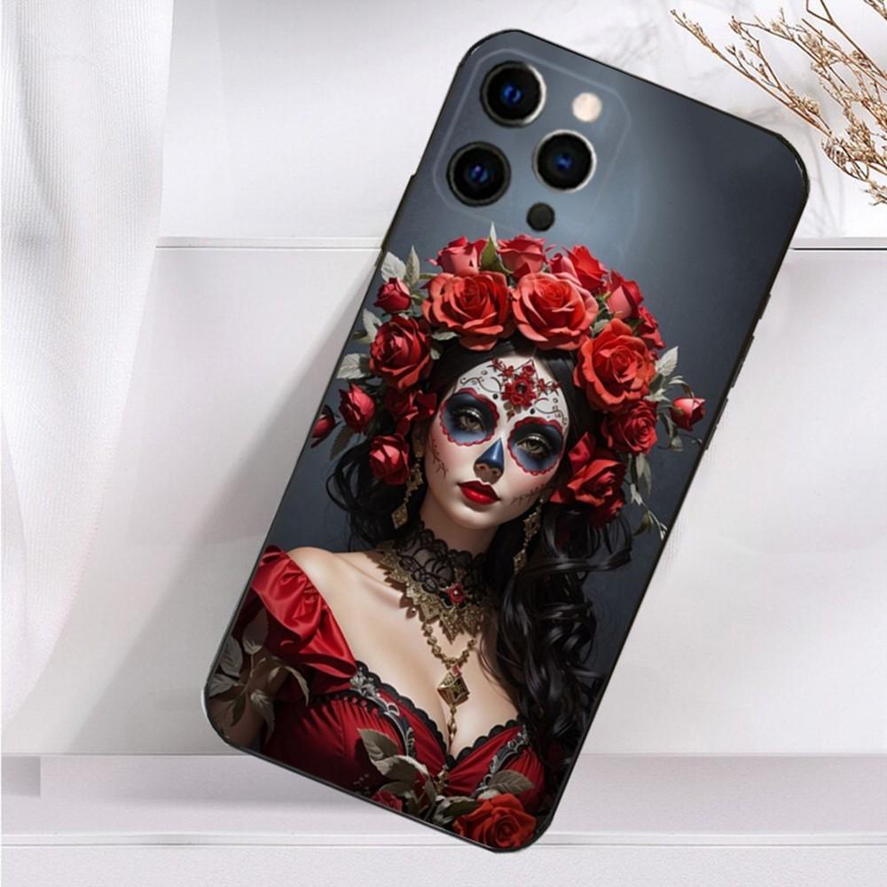 Mexican Catrina Skull Girl Phone Case For iPhone 16,15,14,13,12,11 Plus,Pro Max,XS,X,XR,SE,Mini,8,7 Soft Silicone Black Cover