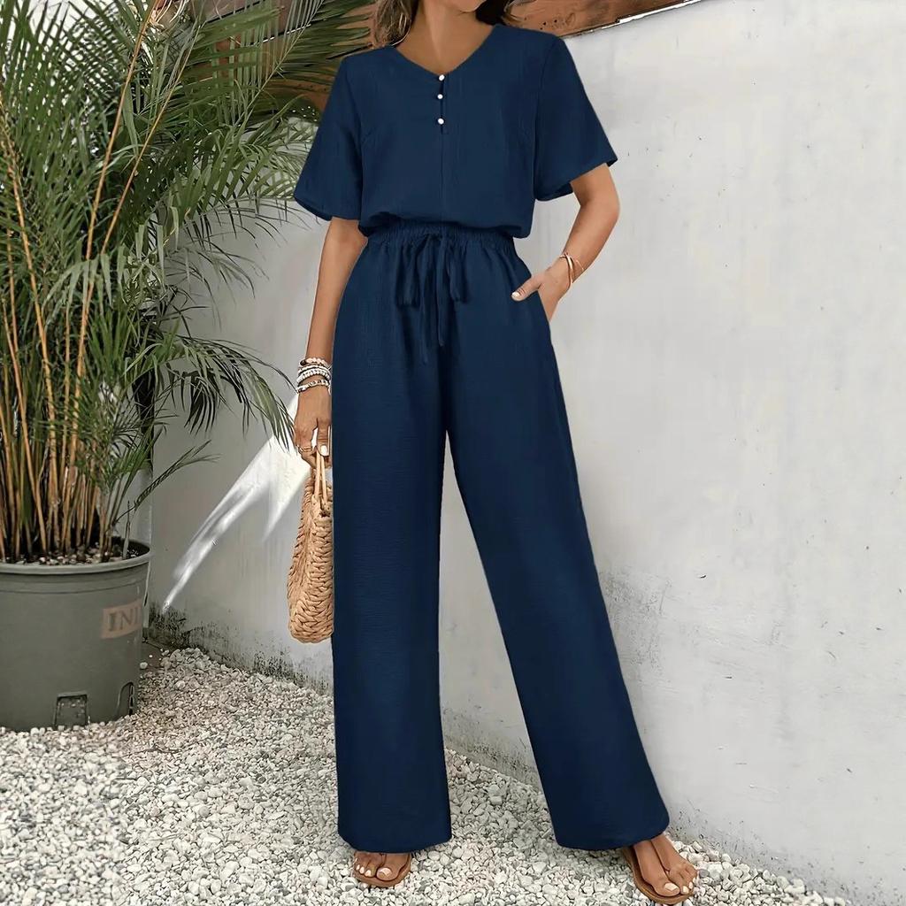 Fashionable V-neck Pullover, Stylish and Slimming Short-sleeved Top, Casual Long Pants Set