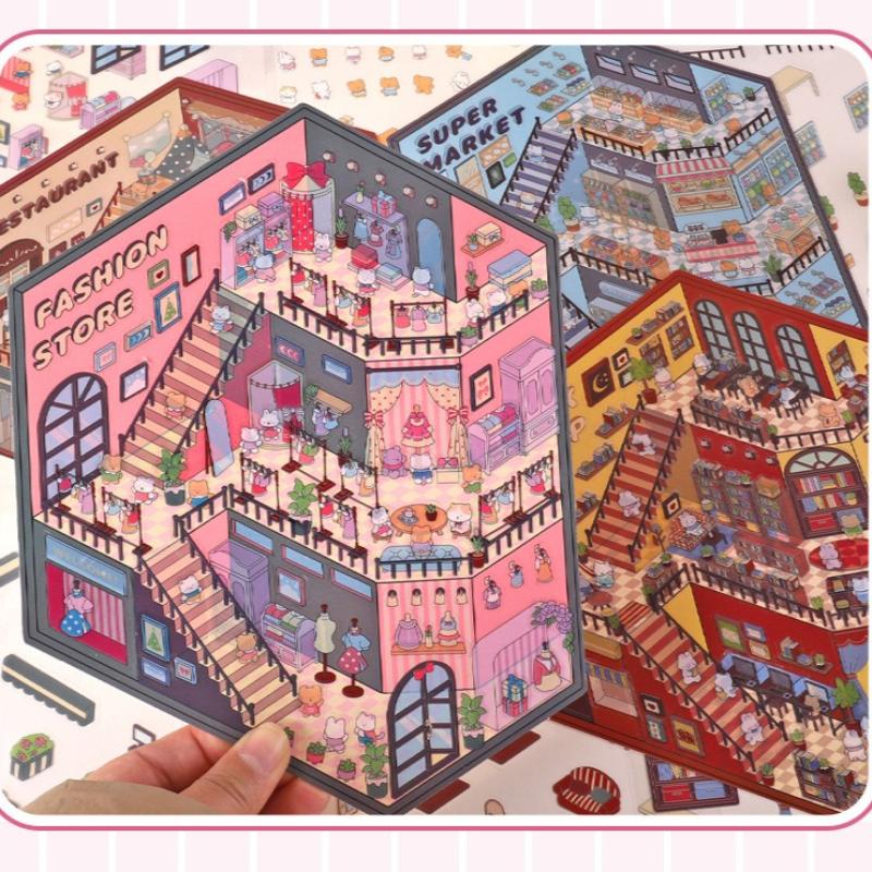 Kawaii 3D Cartoon Miniature Scene Pocket Cabin Stickers Fun DIY Stacking Landscape Scrapbook Decor Stickers