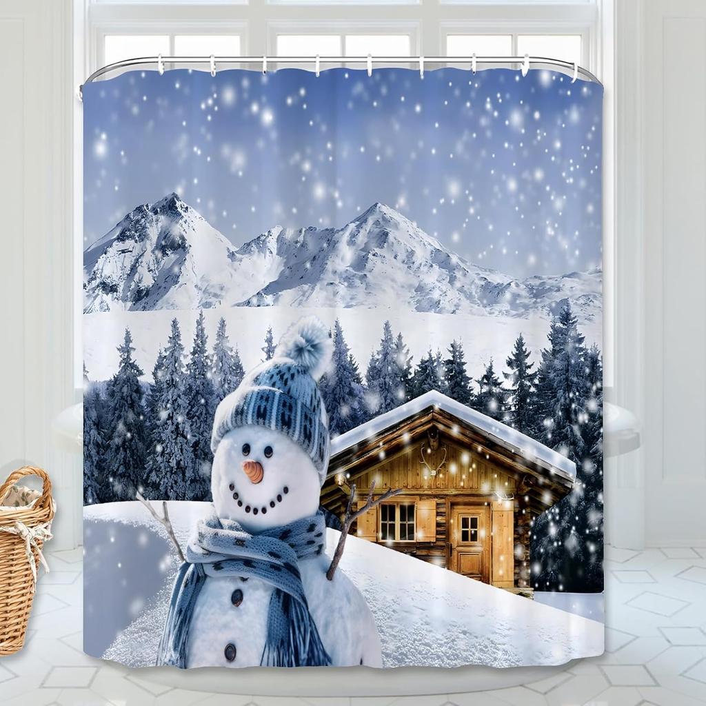 Christmas Shower Curtain Snowflake Bathroom Curtain, Merry Christmas Bathroom Decoration Blue Cartoon Snowman Bathroom Decor