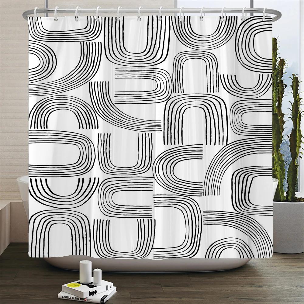 Black and White Geometric Pattern Shower Curtain Bathroom Waterproof Polyester Fabric Bath Screen Curtain Decor for Bathtub