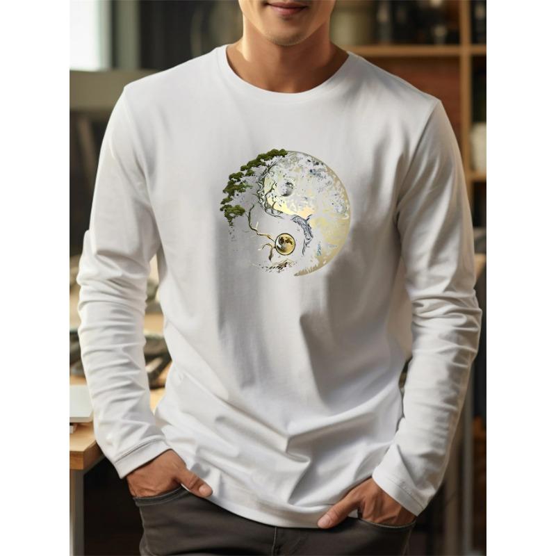 Men's Loose and Comfortable Casual Sports Yin-yang Tree Pattern Printed Round Neck Long Sleeved T-shirt Top