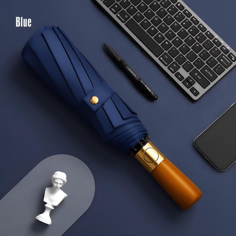 

12 Bone High-end Solid Color Wooden Handle Fully Automatic Umbrella Rainproof Windproof tri-fold Business Advertising Umbrella темно-синий