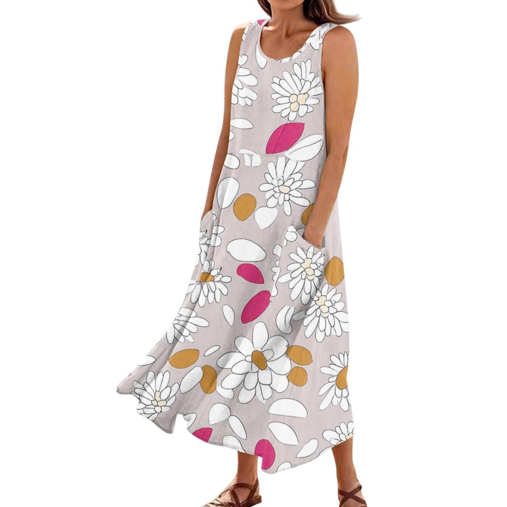 Dámské letní ležérní módní šaty bez rukávů s květinovým potiskem a kapsou