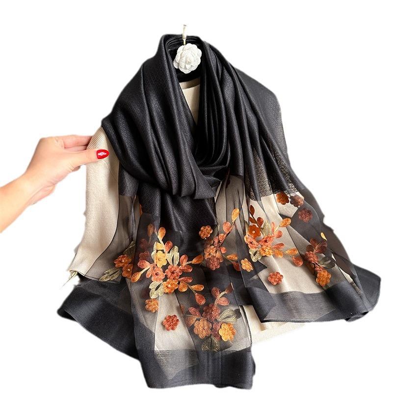 Silk Hair Embroidery Begonia Flower Scarf, Double Silk Scarf, Thin Large Shawl, Solid Color, Versatile Spring And Autumn Long Turban