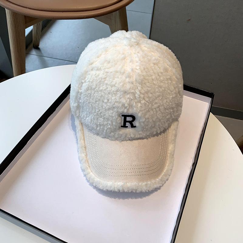 Korean Style Hat for Women In Autumn and Winter R Letter Embroidered Baseball Cap Thickened Plush Warmth Fashionable and Versatile Baseball Cap