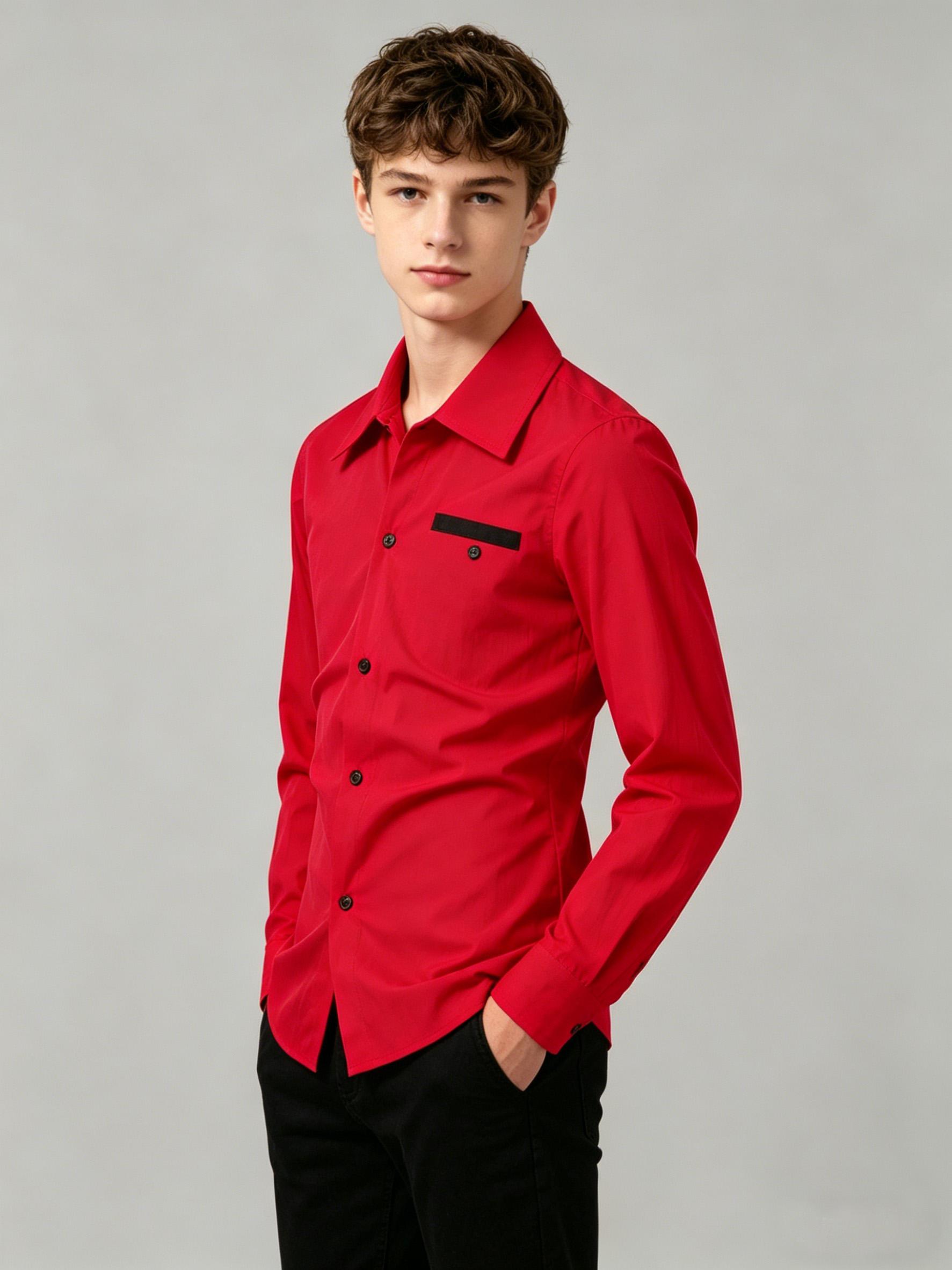 Teen Casual Button-Down Long Sleeve Shirt, Versatile Collared Top for Daily & Commute Wear S ярко-красный