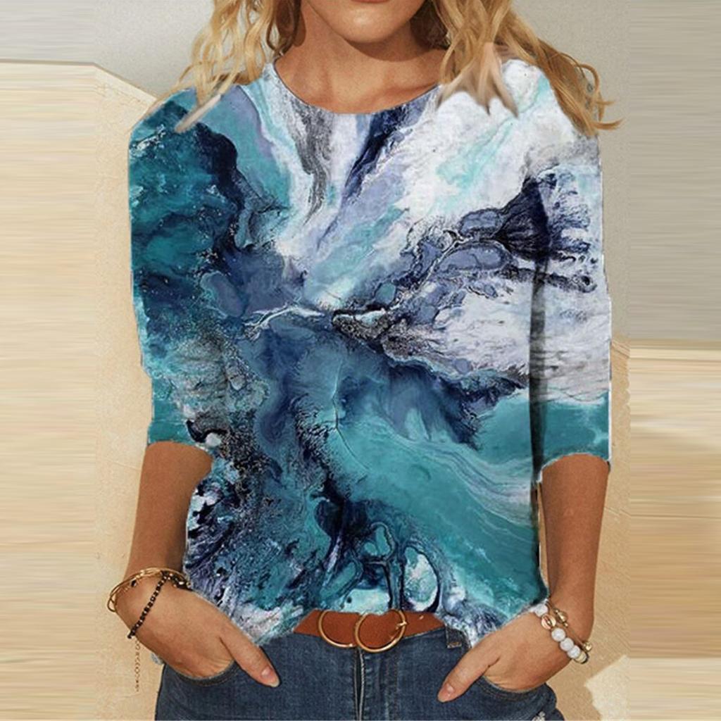 Women's  Casual Fashion Round Neck Print Long Sleeve Pullover T-shirt Tops