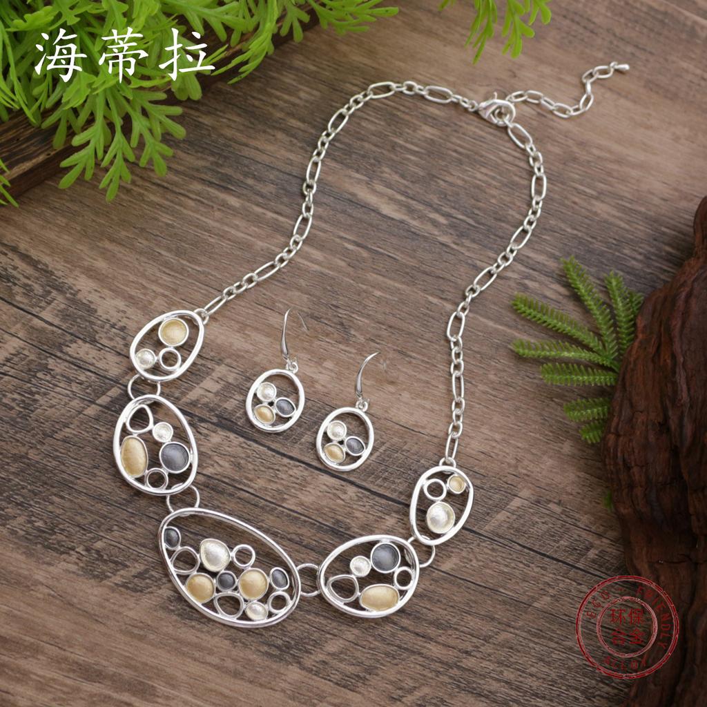 New Color Painting Oil Hollow Round Petal Stud Earrings Necklace Set, Personalized Women's Necklace.