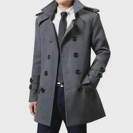 "Men's Woolen Double-Breasted Slim Windbreaker Coat - Korean Style, Autumn/Winter 2022"