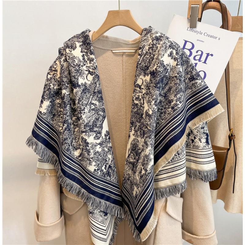 Warm Thick Wool-Blend Scarf With Tassels Soft Faux Cashmere Square Shawl Women Winter Office Daily Wear