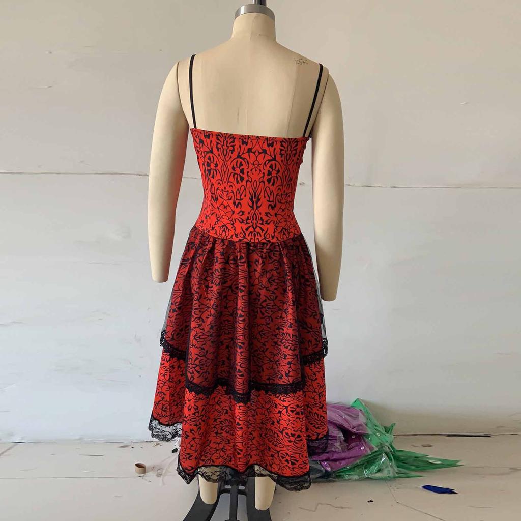 Women's Fashion Print  Dress Vintage Lace Straps Large Irregular Hem Dress