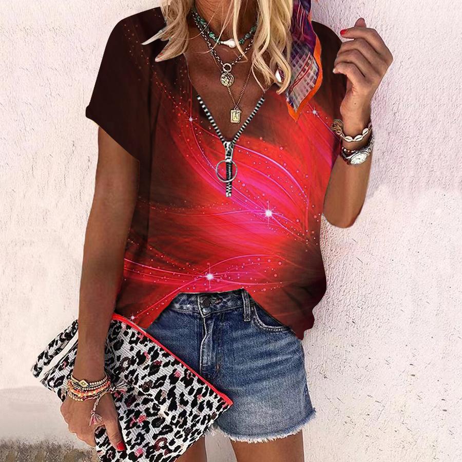 Dame Topp Sommer Ny Mote Rose Blomst Blått Mønster Trykt Casual Glidelås V-hals Kort Erm Topp