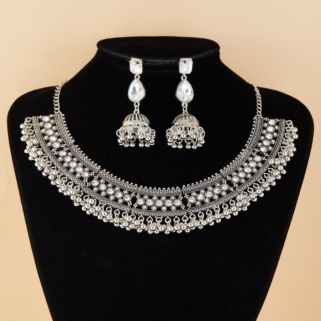 European & American Retro Rhinestone Beaded Tassel Earrings & Necklace Set