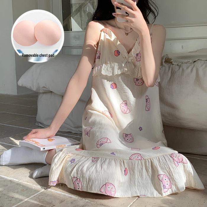2026 Summer Women s Spaghetti Strap Nightgown with Bra Pads - Cloud Cotton Sweet Long Dress Loungewear L