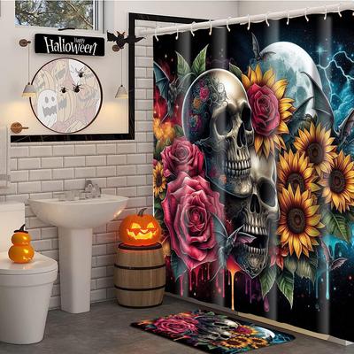 Cortina de Banho com Estampa de Caveira de Flores com Tema de Halloween Cortina de Chuveiro para Banheiro Impermeável com 12 Ganchos Decoração para Casa Envio Grátis