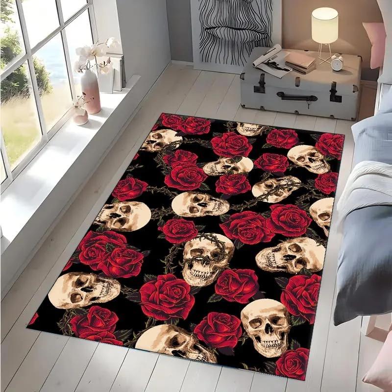 Gothic Skull Area Rugs Gothic Rugs for Living Room for Bedroom Foyer Holiday Party Home Decoration Non-Slip Horror Goth Rug