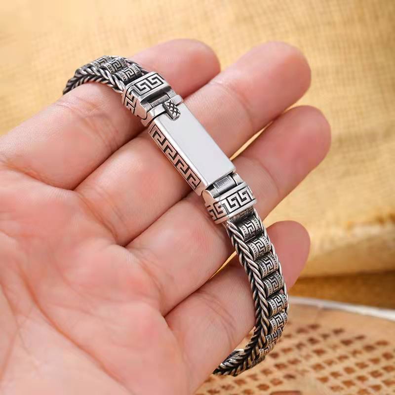 S925 Silver Braided Bracelet Men 'S Tide Thai Silver Retro Everything Personality Back Word Pattern Warp Bracelet Men 'S Style