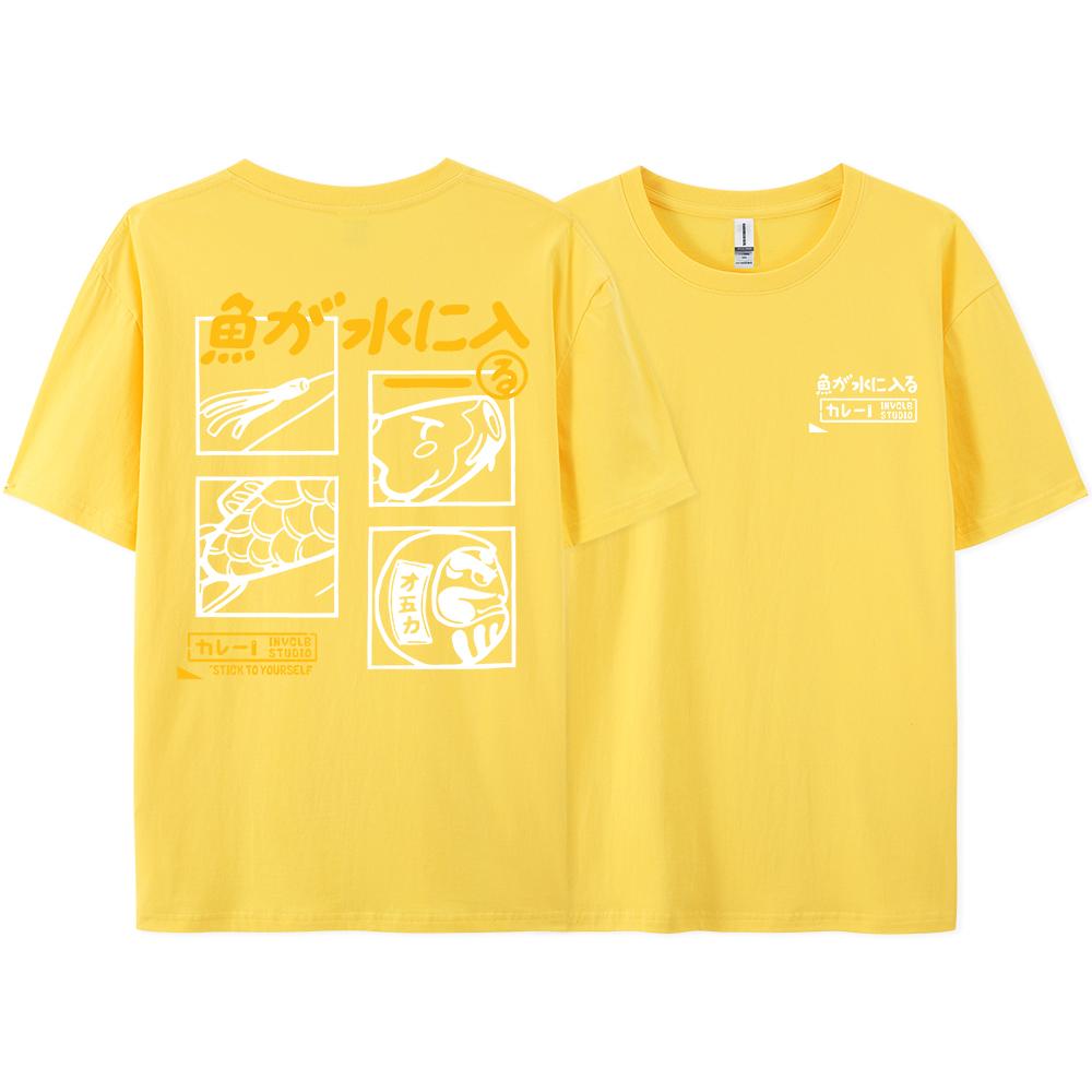 Summer Japanese Retro Fish Letter Printed Round Neck T-shirt for Men in Large Size Loose Couple Neutral Pure Cotton Short Sleeve