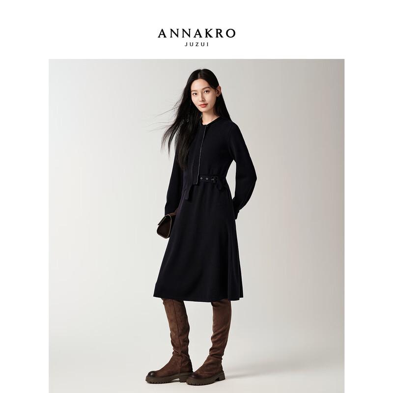 JOZI Anna Cou Elegant Tie-Neck Knit Dress with Beaded Belt