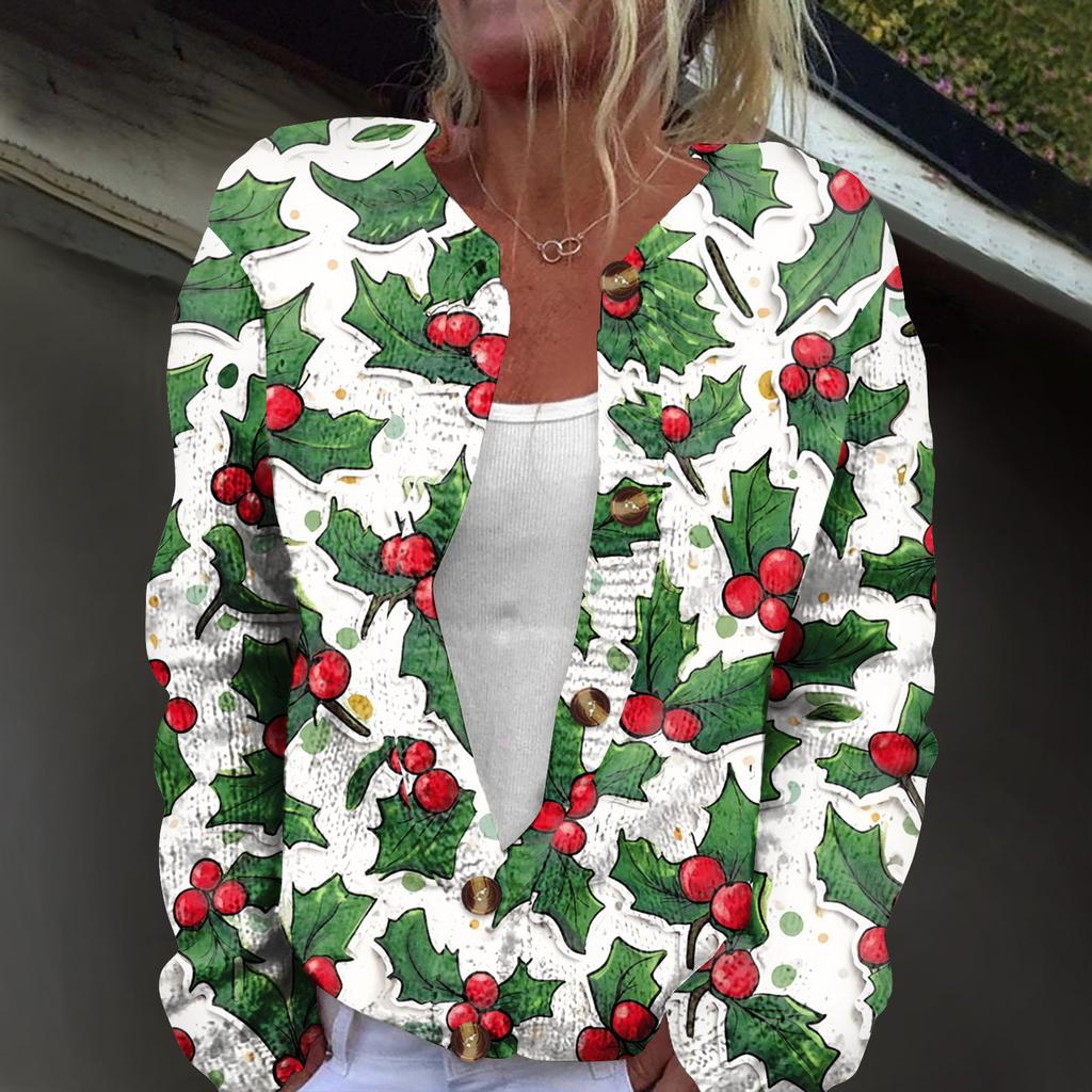 Women's Fashion Christmas Print Long Sleeve Knitted Cardigan Button Jacket