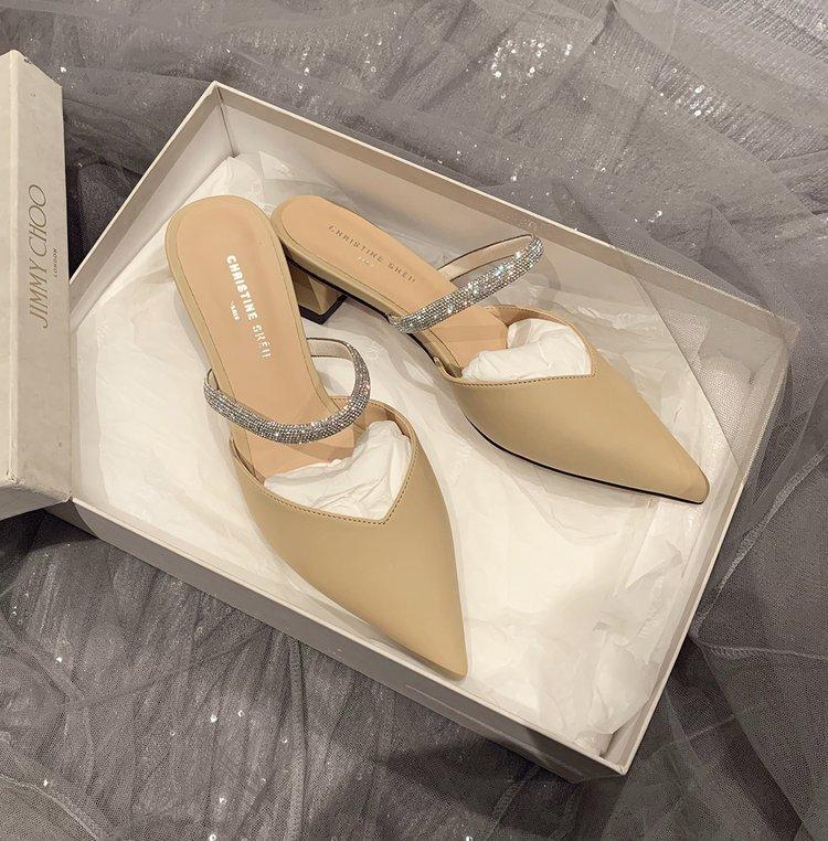 Xiaoxiangfeng Baotou Pantoletten Damen Dicke Absätze Spitzschuhe Coole Hausschuhe Bequeme Rückenfreie Einzelne Schuhe Sommer Strass Hohe Absätze